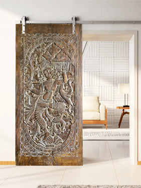 Yoga Room, Temple Decor Krishna raised Mount Govardhana, Vintage Wood Indian Art 84